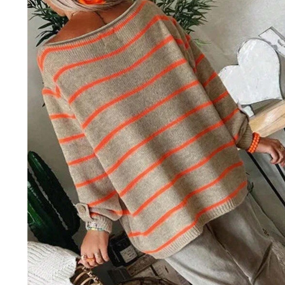 Striped Orange and Tan Women's Sweater - Picture 2 of 4
